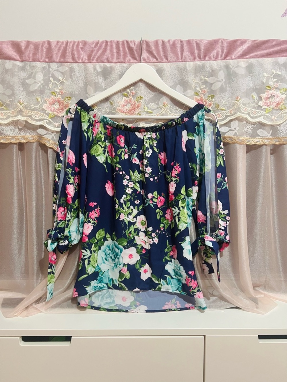 NY & Co Sweet Pea Navy Blue Floral Off the Shoulder Top